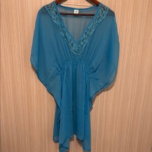 Blue Sheer V-Neck Bathing Suit Cover-Up